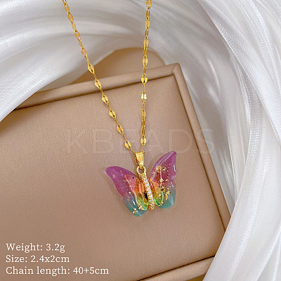Brass Crystal Rhinestone Resin Glitter Butterfly Pendant 304 Stainless Steel Dapped Chain Necklaces for Women WG45291-02-1