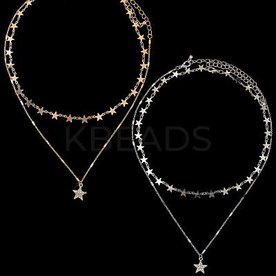 2 Sets 2 Colors Alloy Crystal Rhinestone Star Link Chain Necklace Sets NJEW-SC0001-54-1
