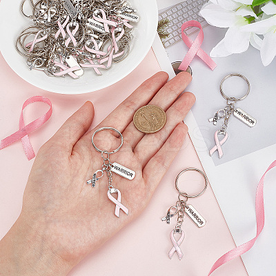 Pink Breast Cancer Awareness Ribbon Alloy Enamel Pendant Keychain KEYC-AB00001-1