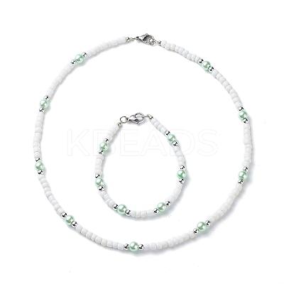 Plastic & Glass Pearl & Seed Beaded Bracelet and Necklace SJEW-JS01255-1