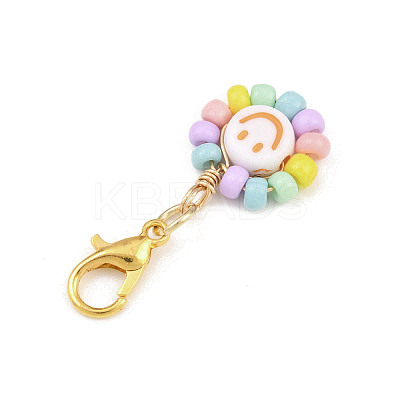 Glass Seed & Acrylic Smiling Face Pendant Decorations HJEW-JM04206-1