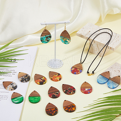 16Pcs 8 Colors Transparent Resin & Walnut Wood Big Pendants RESI-HS0001-01B-1