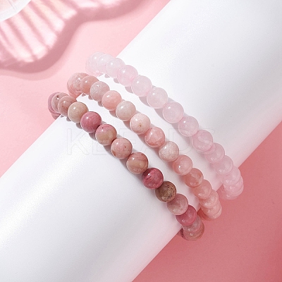 3Pcs Natural Rhodochrosite & Rose Quartz & Pink Opal Round Beads Stretch Bracelets for Women BJEW-JB12836-1