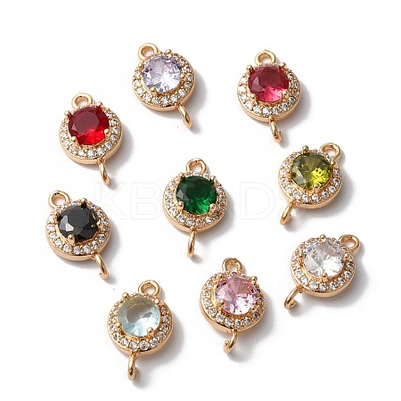 Brass Micro Pave Clear Cubic Zirconia Flat Round Links Connector Charms KK-C062-031G-1