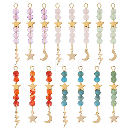 15Pcs 5 Colors Natural Carnelian & Green Aventurine & Rose Quartz & Amethyst & Apatite Faceted Round Beaded Pendants PALLOY-CA00041-1