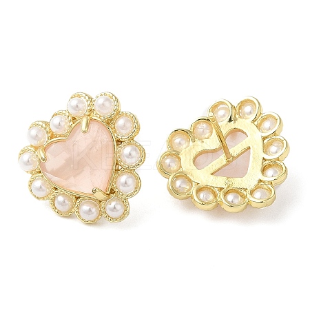 Ion Plating(IP) Natural Rose Quartz Heart Stud Earrings with Plastic Pearl Beaded EJEW-E599-02G-03-1