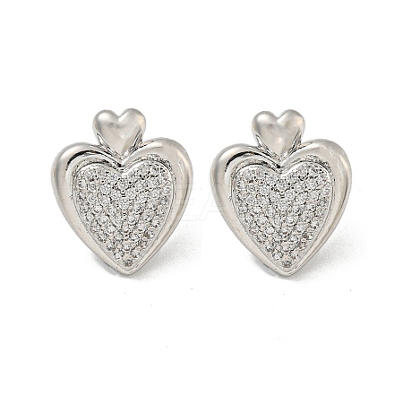 Heart Brass Pave Clear Cubic Zirconia Stud Earrings for Women EJEW-N054-39P-1