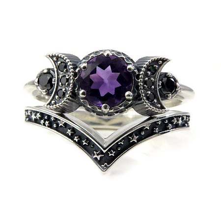 Gothic Purple Crystal Ring with Triple Moon Goddess - Black Diamond Jewelry for Women ST2578231-1
