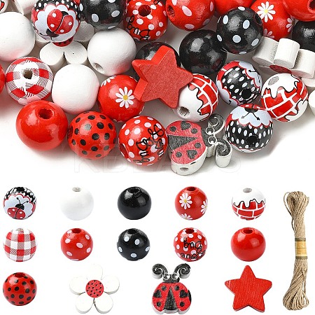 70Pcs 14 Styles Printed Wood Round Beads with 10M Jute Cord WOOD-YW0001-18-1