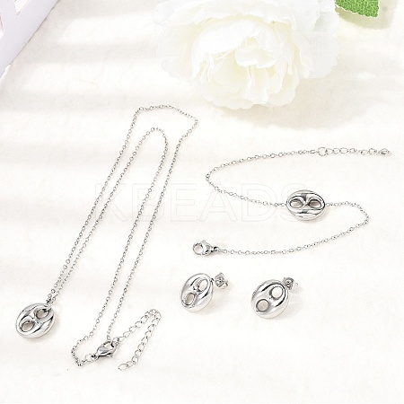 304 Stainless Steel Oval Pendant Necklaces & Bracelets & Stud Earrings Sets SJEW-P008-02P-1