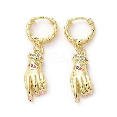 Palm with Horse Eye Real 18K Gold Plated Brass Dangle Hoop Earrings EJEW-Q797-21G-01-1