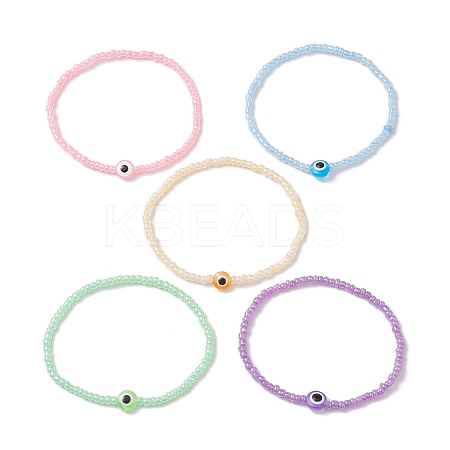 5Pcs 5 Colors Evil Eye Resin & Glass Seed Beaded Stretch Bracelet Sets BJEW-JB10477-1