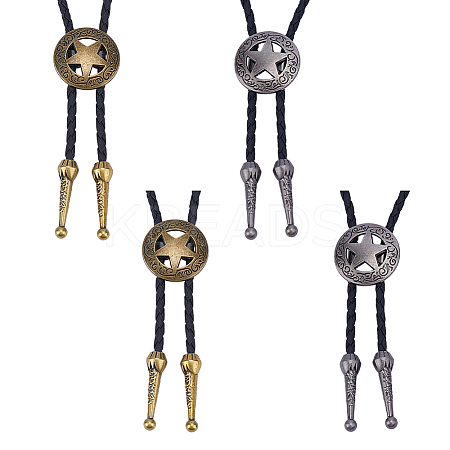 4Pcs 2 Colros Retro Alloy Pendant Black PU Leather Lariat Bolo Tie Necklaces NJEW-ME0001-11B-1
