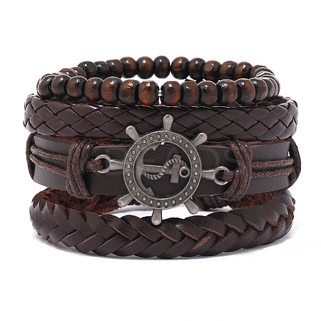 4Pcs 4 Styles Wood Beads Stretch Braceletas & Alloy Artificial Leather Cord Bracelet Sets for Men FS-WG9743B-07-1
