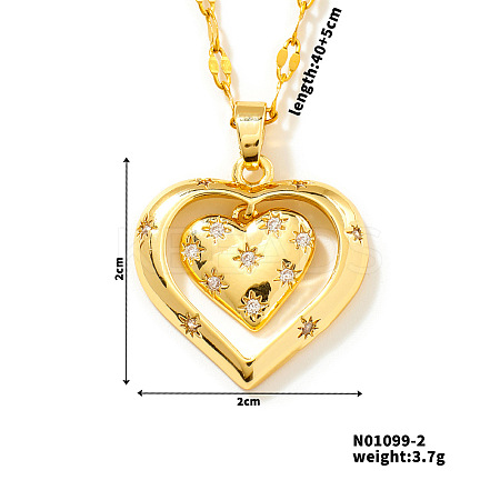 Brass Pave Cubic Zirconia Hollow Double Heart Pendant Necklace PL5801-2-1