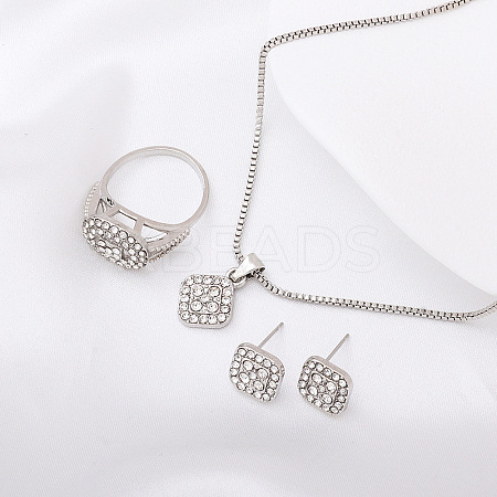 Rhombus Alloy Rhinestone Pendant Necklaces & Stud Earrings & Rings Sets FS-WGFED7A-02-1