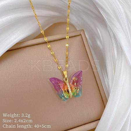 Brass Crystal Rhinestone Resin Glitter Butterfly Pendant 304 Stainless Steel Dapped Chain Necklaces for Women WG45291-02-1