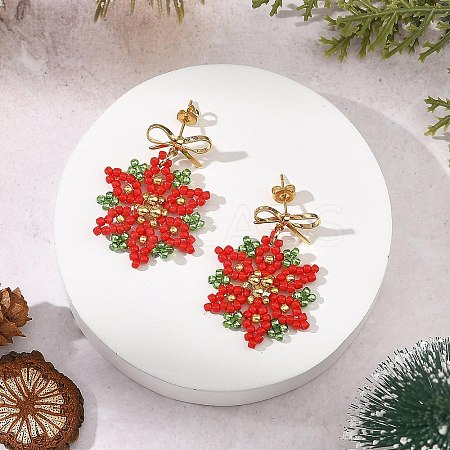 Christmas Glass & Brass Beads Braided Dangle Earrings EJEW-MZ00811-1
