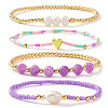 4Pcs 4 Styles Brass & Glass & Natural Freshwater Pearls & Amethyst Beads Stretch Bracelets for Women OA4246-1-1