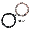 2Pcs Matching Natural Black Matte Stone & Pink Zebra Stone Round Beads Stretch Bracelets PT6851-1-1