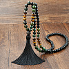 Glass & African Turquoise(Jasper) & Tiger Eye 108 Mala Prayer Round Beaded Wrap Necklaces with Long Tassel FS-WGB975F-02-1