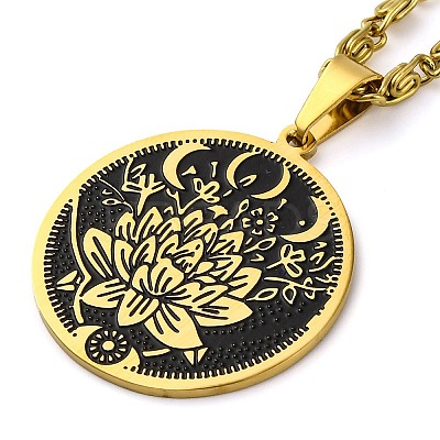 201 Stainless Steel Lunar Lotus Talisman Pendant Necklaces NJEW-S007-21G-1
