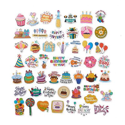50Pcs 50 Styles Birthday Theme Cartoon Paper Sticker Label Set STIC-P004-15-1