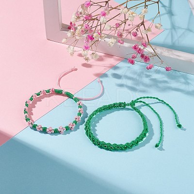 2Pcs 2 Colors Peach Blossom Braided Cord Bracelet BJEW-JB07610-04-1