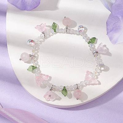 Natural Rose Quartz & Glass Beaded Stretch Bracelet with Flower Charms BJEW-JB10176-02-1