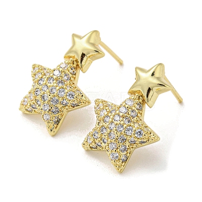 Star Rack Plating Brass Micro Pave Cubic Zirconia Dangle Stud Earrings EJEW-F331-25G-1