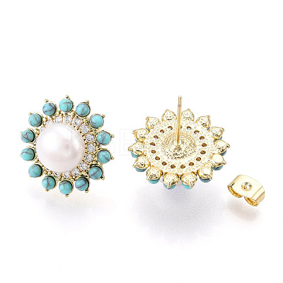 Flower Brass Natural Pearl Stud Earrings PEAR-N020-05Y-1