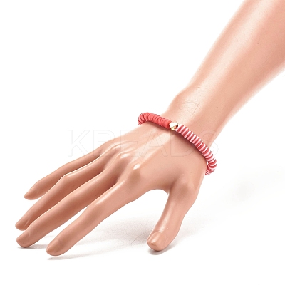 Polymer Clay Heishi Surfer Stretch Bracelet with Brass Heart BJEW-JB07850-1