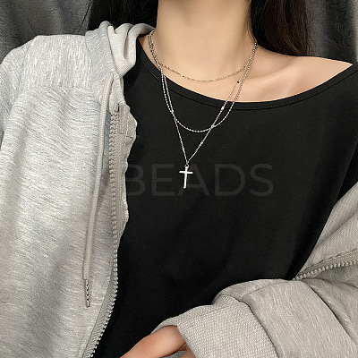 Non-Tarnish 304 Stainless Steel Rope & Ball & Curb Chains Triple Layer Necklaces BJEW-K257-02P-1