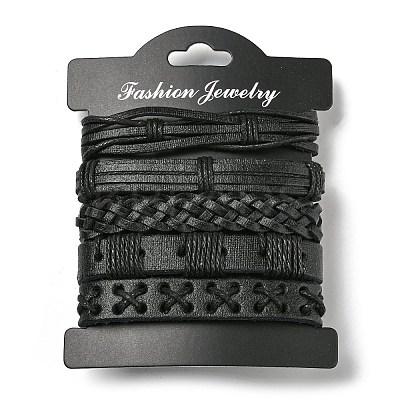 5Pcs 5 Style Adjustable Braided Imitation Leather Cord Bracelet Set with Waxed Cord for Men BJEW-F458-14-1