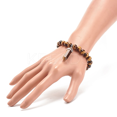 Natural Tiger Eye Round Beaded Stretch Bracelet with Bullet Shape Charm BJEW-JB08310-02-1