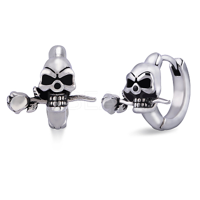 316 Stainless Steel Skull with Rose Hoop Earrings for Men Women EJEW-SZ0001-94-1