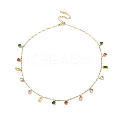 304 Stainless Steel Pave Colorful Cubic Zirconia Flat Round & Rectangle Pendant Necklaces NJEW-N055-03G-1