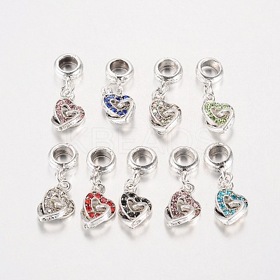 Heart Antique Silver Plated Alloy Rhinestone European Dangle Charms Large Hole Pendants X-MPDL-K014-M-1