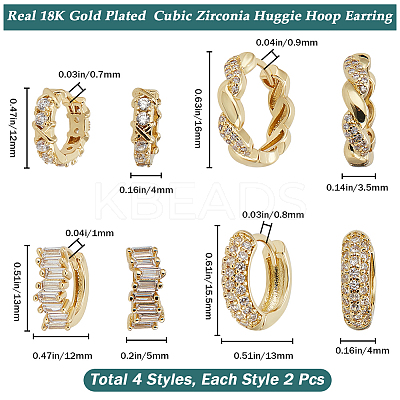 4 Pairs 4 Style Clear Cubic Zirconia Rectangle & Twist Rope Shape Hoop Earrings EJEW-BBC0001-18-1
