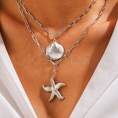 Bohemian Styles 304 Stainless Steel Starfish and Shell Shape Pendant Double Layer Necklaces for Women LS-NJEW-F343-01P-1