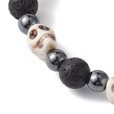 Halloween Skull Synthetic Turquoise & Round Lava Rock & Synthetic Non-Magnetic Hematite Beaded Stretch Bracelets for Women BJEW-JB10656-02-1