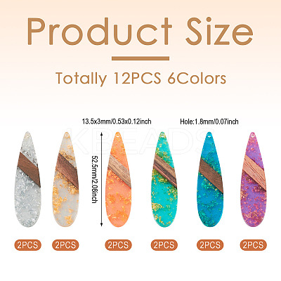 12Pcs 6 Colors Transparent Resin & Walnut Wood Big Pendants RESI-TA0002-73-1