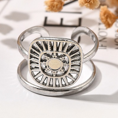Square with Sun 304 Stainless Steel Open Cuff Rings for Women RJEW-M046-01P-1