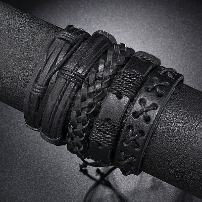 5Pcs 5 Style Adjustable Braided Imitation Leather Cord Bracelet Set with Waxed Cord for Men BJEW-F458-14-1