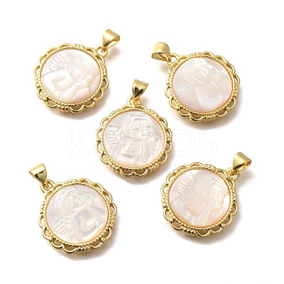 Brass Pave Natural White Shell Carved Angel Pendants KK-Z091-03G-1