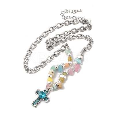 Alloy Glass Cross Pendant Necklace with Cat Eye Chips Beaded Chains NJEW-Q001-02P-1