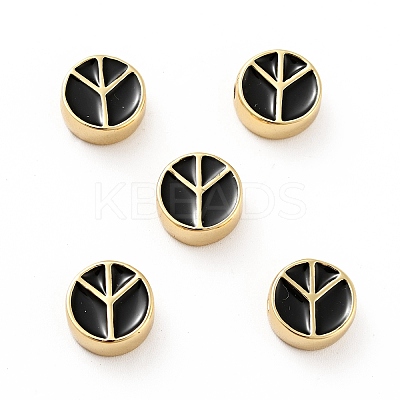 Flat Round with Peace Sign Brass Enamel Beads KK-G419-05G-05-1