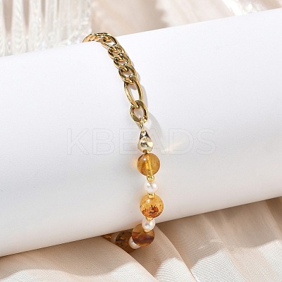 Natural Amber & Cultured Freshwater Pearl Beads Link Bracelets BJEW-JB13694-01-1