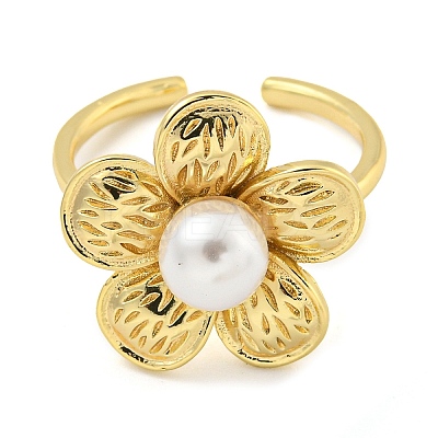 Flower ABS Plastic Imitation Pearl Beaded Open Cuff Ring RJEW-P106-01G-1