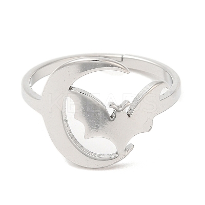 Non-Tarnish 304 Stainless Steel Moon with Bat Adjustable Ring for Women RJEW-M149-04P-1